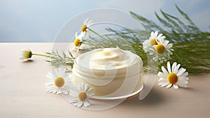 Body cream white essential oil, chamomile daisy flowers. Herbal cosmetic