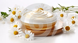 Body cream white essential oil, chamomile daisy flowers. Herbal cosmetic