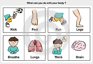 Body function kick, run, breathe, think - part of body concept