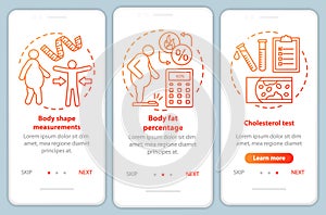 Body health onboarding mobile app page screen vector template. Walkthrough website steps with linear illustrations