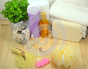 Body hygiene accessories. Body oils and gel, in bottles.