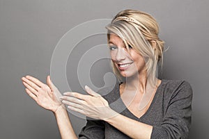 Body language concept for welcoming blond woman