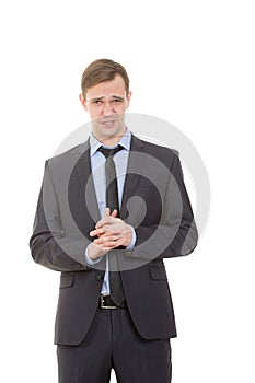 Body language. man in business suit isolated white