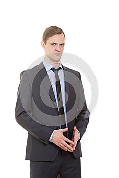 Body language. man in business suit isolated white