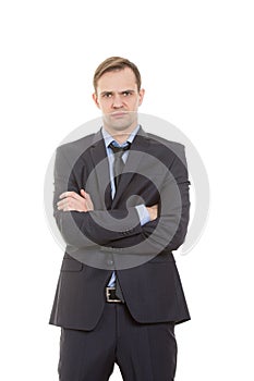 Body language. man in business suit isolated white