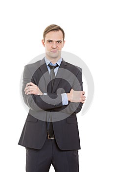 Body language. man in business suit isolated white