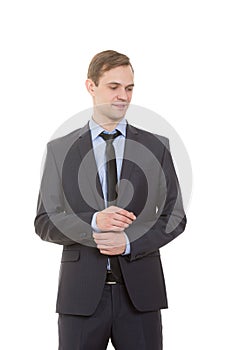Body language. man in business suit isolated white