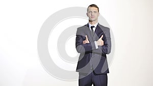 Body language. man in business suit isolated white background. gestures of arms and hands. posture of superiority