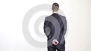 Body language. man in business suit isolated white background. Training managers. sales agents. gesture of confidence