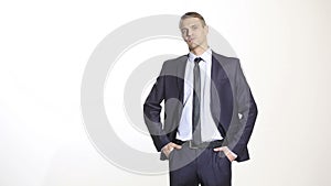 Body language. man in business suit isolated white background. Training managers. sales agents. gesture of dominance