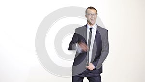 Body language. man in business suit isolated white background. Training managers. sales agents. gesture merriment. disco