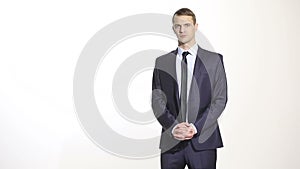 Body language. man in business suit isolated white background. Training managers. sales agents. linked fingers. lower