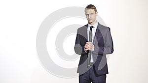 Body language. man in business suit isolated white background. Training managers. sales agents. linked fingers. middle