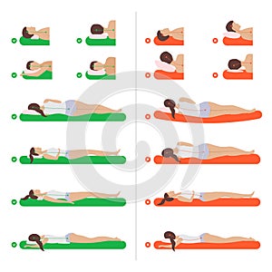 Body lying poses. Girl sleeping on sofa medical anatomical mattress for correct body position recent vector infographic