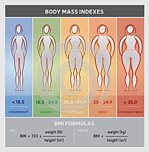 Body Mass Index Diagram Graphical Chart with Body Silhouettes, Five Classes and Formulas photo