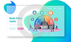 Body Mass Index Landing Page Template. Tiny Characters at Huge Scale with Obesity Degrees from Normal photo