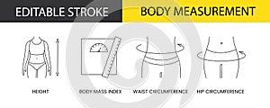 Body measurement line icon set in vector, illustration of height and body mass index, waist and hip circumference