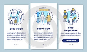 Body measurement onboarding mobile app page screen with linear concepts. Three walkthrough steps graphic instructions