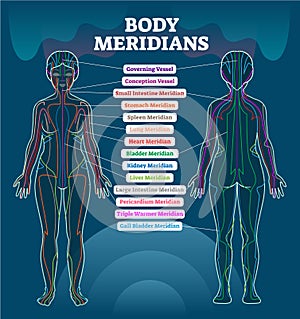 Body meridian system vector illustration scheme, Chinese energy acupuncture therapy diagram chart.