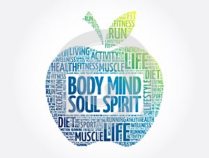 Body Mind Soul Spirit apple word cloud, health concept