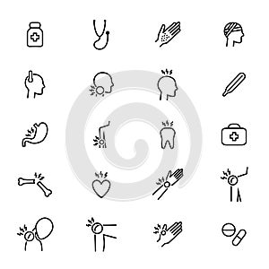 Body Pain and Injury Black Thin Line Icon Set. Vector