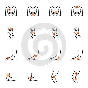 Body pain and injury line icons set