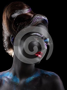 Body-painting. Fantasy. Woman with Fantastic Stagy Makeup over Black photo