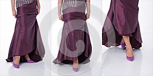 Body part Foots Shoes of 20s Asian Woman wear Silk Evening Gown Long Ball Dress. Tanned skin