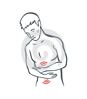 Body part pain. Man feels pain in abdomen marked with red lines. Vector foci of pain or trauma symbols, grey art line