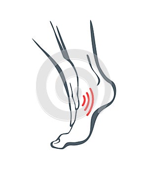 Body part pain. Man feels pain in ankle marked with red lines. Vector foci of pain or trauma symbols, grey art line