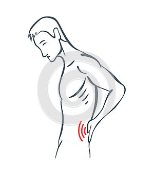 Body part pain. Man feels pain in back of body marked with red lines. Vector foci of pain or trauma symbols, grey art