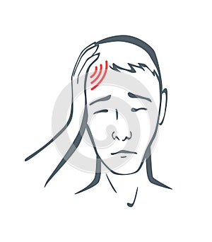 Body part pain. Man feels pain in head marked with red lines. Headache. Vector foci of pain or trauma symbols, grey art