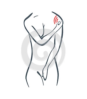 Body part pain. Woman feels pain in shoulder marked with red lines. Vector foci of pain or trauma symbols, grey art line