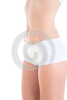 Body part white fitness underwear. Slim tanned woman`s body. Iso