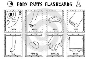 Body parts black and white flashcards collection. Flash cards for coloring