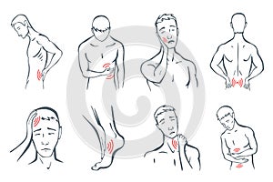 Body parts pain set. Man feels pain location in different part of body with red line icons. Ache in head, neck or tooth