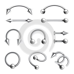 Body piercing jewelery set, different metallic accessories