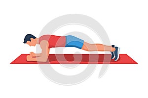 Body plank. A beautiful young man stands in a perfect plank. Vector.