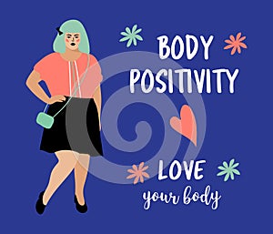 Body Positive card. Model plus size woman, Beautiful fat girl. Bodypositive poster. Vector flat design