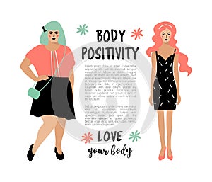 Body Positive card. Model plus size woman and skinny girl, place for text. Bodypositive poster. Vector flat design