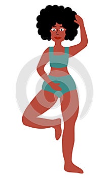 Body positive concept. Black Plus size Woman standing in pose yoga. Girl in green swimsuit. Cartoon flat vector illustration.