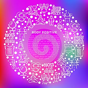 Body positive concept in circle with thin line icons: woman plus size, yoga, bikini, armpit hair, legs hair, mirror, disability.