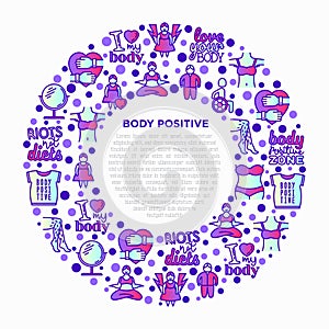 Body positive concept in circle with thin line icons: woman plus size, yoga, bikini, armpit hair, legs hair, mirror, disability.