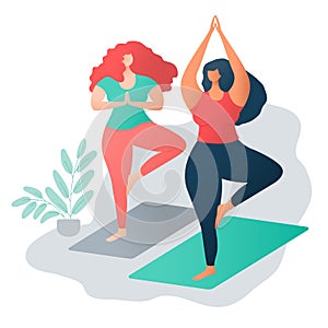 Body positive concept. Multinational friendship. two attractive plus size girls friends doing yoga together. Yoga wellness concept