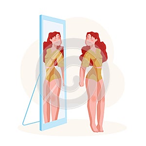 Body positive concept. Plus size Young Woman in home suit looking in mirror with smile. Happy curve girl in lingerie. Vector