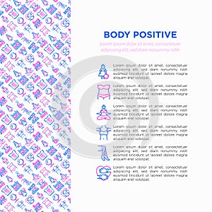 Body positive concept with thin line icons: woman plus size, yoga, bikini, armpit hair, legs hair, mirror, disability. Stickers