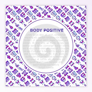 Body positive concept with thin line icons: woman plus size, yoga, bikini, armpit hair, legs hair, mirror, disability. Stickers