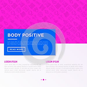 Body positive concept with thin line icons: woman plus size, yoga, bikini, armpit hair, legs hair, mirror, disability. Stickers