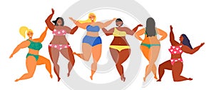 Body positive concept vector. Happy plus size girl wearing swimsuit and smiling. Active healthy lifestyle and love your body