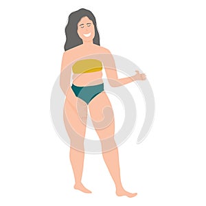 The body is positive. A happy overweight girl in her underwear, isolated on a white background in a flat style. Vector
